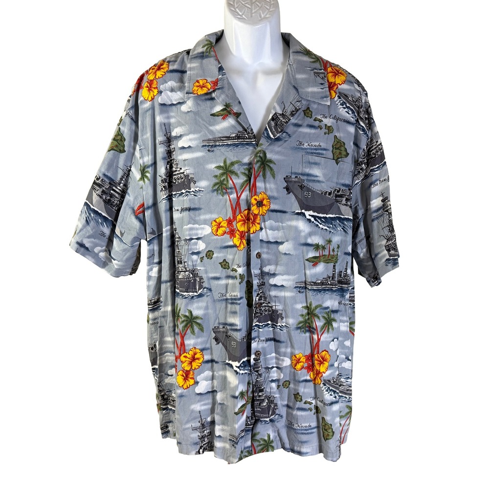Kalaheo Hawaiian Shirt Mens 3XL Blue Battleship Navy Hibiscus Rayon Blend Hawaii
